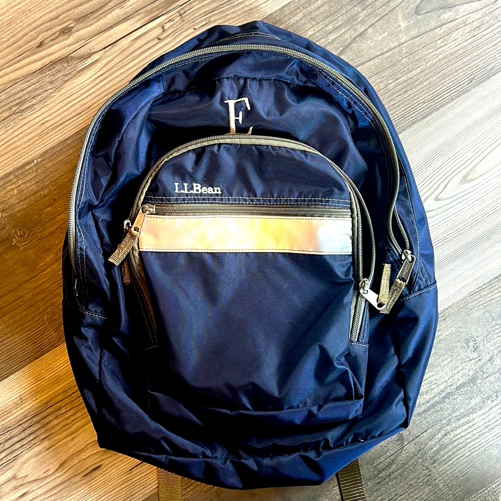 L.L Bean Navy Blue kids Backpack with E monogram